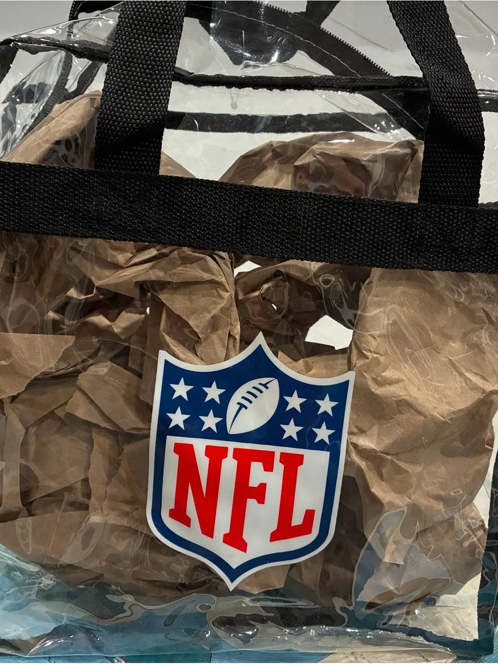 NFL Clear Tote with Red & Blue Shield and Black Trim